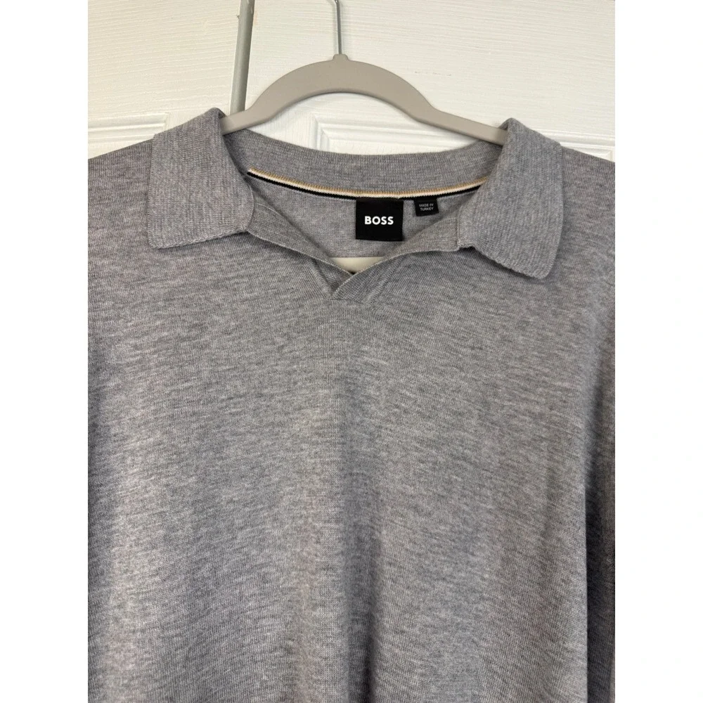 BOSS Hugo Boss Gray Long Sleeve Knit Polo Sweater Large 100% Virgin Wool Soft